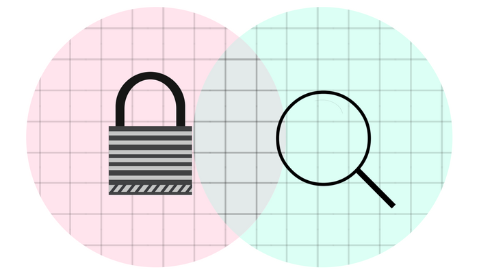 search engine magnifying glass and a lock security overlapping venn diagram